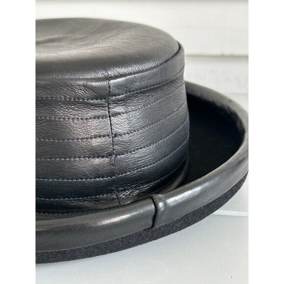 Kokin Womens Black Leather Trim Wool Avant Garde Round Crown Designer Hat - Picture 4 of 7